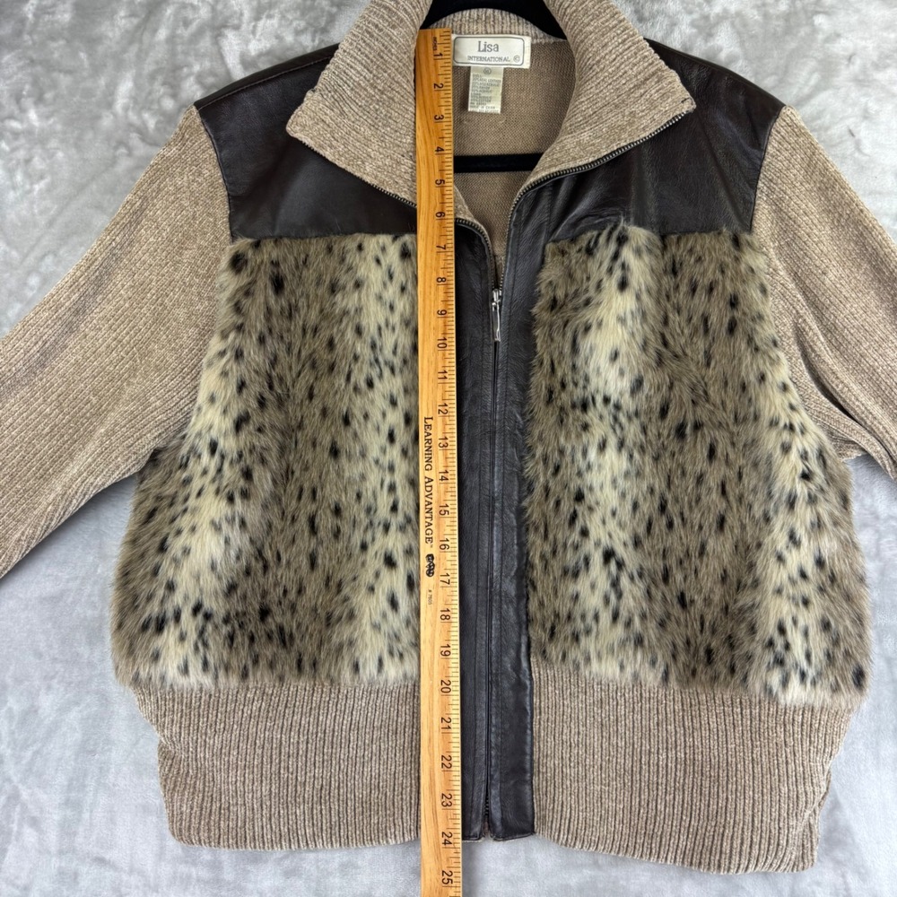 Vtg Lisa International Sweater Jacket XL Real Leather Fur Leopard Print (1403) - Picture 10 of 11